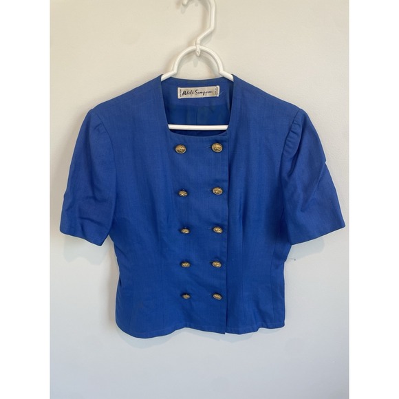Vintage Adele Simpson Blue Blazer Skirt Suit Set Button Front Linen Blend‎ Sz 10 - Picture 1 of 11